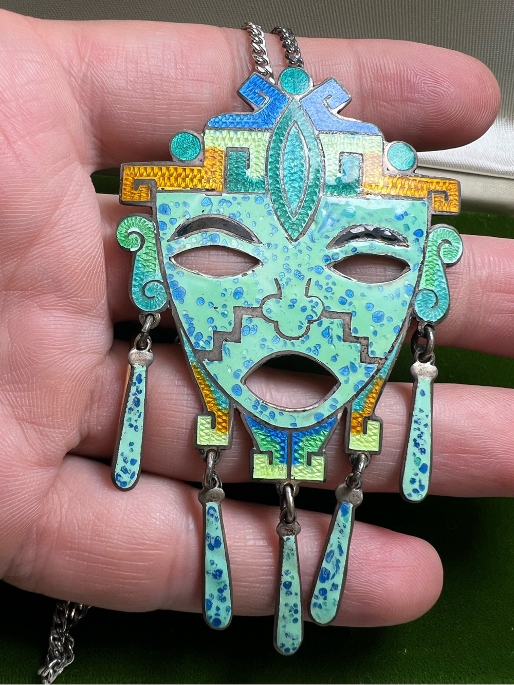 VINTAGE STERLING SILVER WITH ENAMEL TRIBAL MASK PENDANT PIN BROOCH TAXCO
